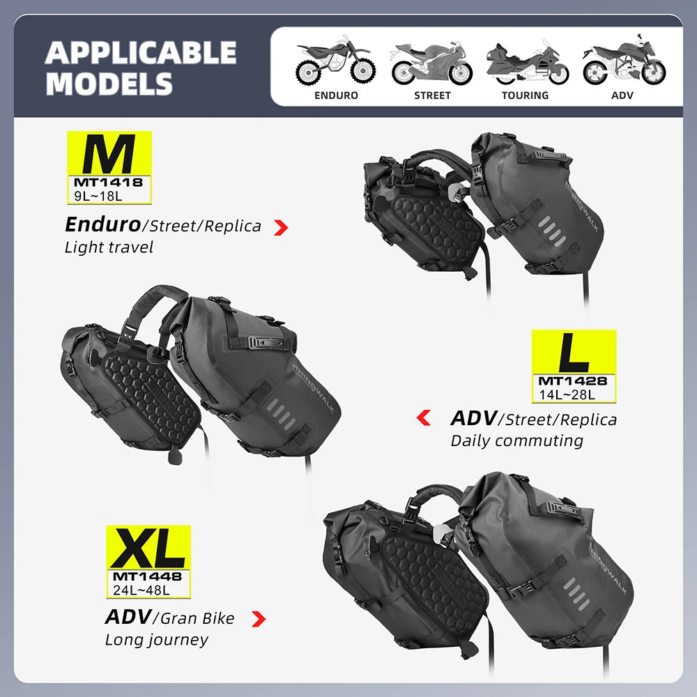 Bolsa de Motocicleta Rhinowalk 100% Impermeável - 18L/28L/48L Capacidade Grande com Ajuste Universal