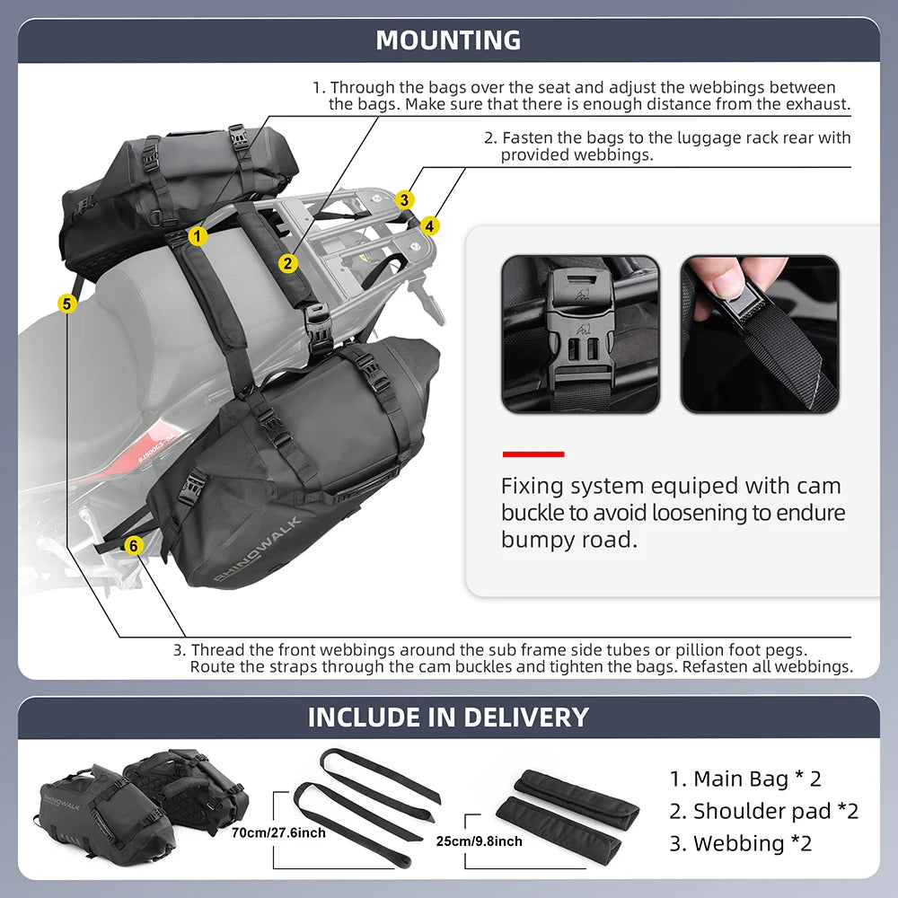 Bolsa de Motocicleta Rhinowalk 100% Impermeável - 18L/28L/48L Capacidade Grande com Ajuste Universal