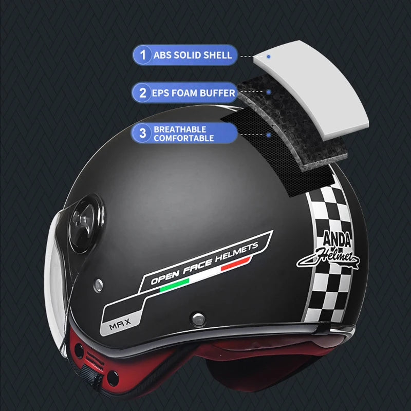 Capacete Vintage Aberto com Lente Anti-Embaçante - Estilo Retrô para Motos e Scooters