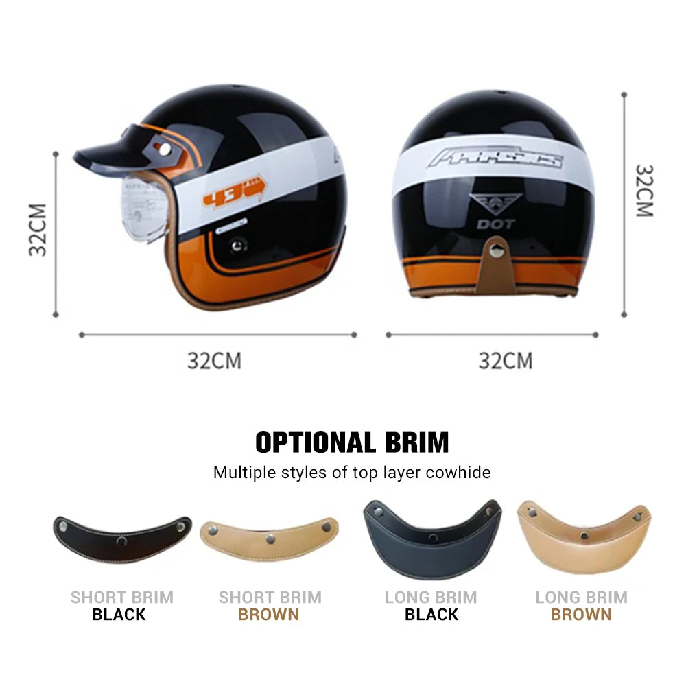 Capacete Retro 3/4 Aberto com Certificação DOT - Estilo Clássico e Proteção para Motociclistas