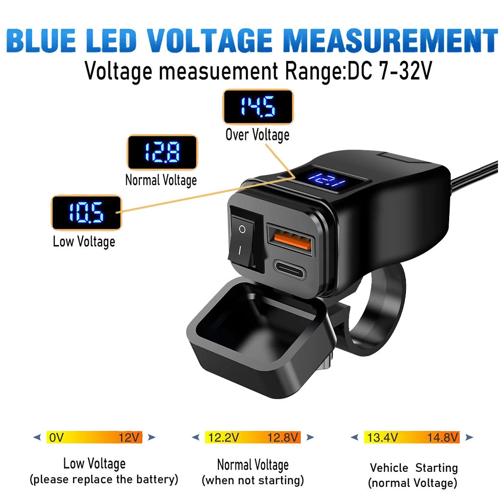 Carregador USB Duplo para Moto 6.8A PD+QC3.0 – 60W com Voltímetro e Interruptor à Prova D'Água