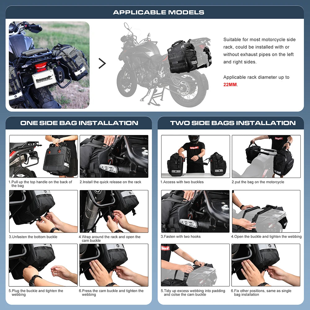 Bolsa Lateral para Moto Rhinowalk – 20L-30L, Universal, Impermeável e com Bolsa Interna Removível