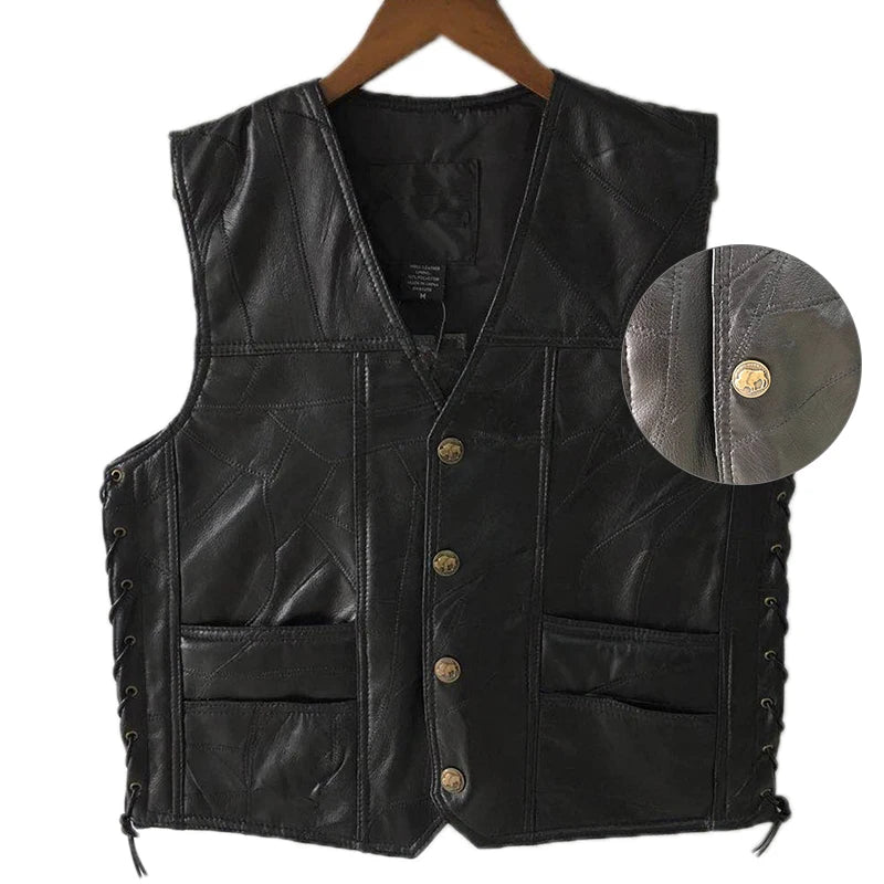 Colete Biker Punk Masculino Sem Mangas com Botões de Renda - Jaqueta de Couro Sintético para Outono