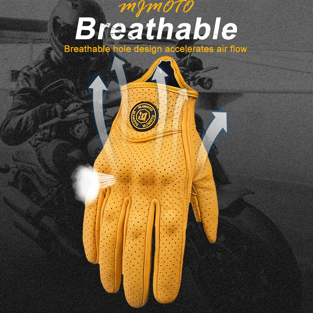 Luvas de Motocicleta Retro em Couro Amarelo - Luvas de Corrida Perfuradas e Respiratórias com Sensibilidade ao Toque para Homens e Mulheres