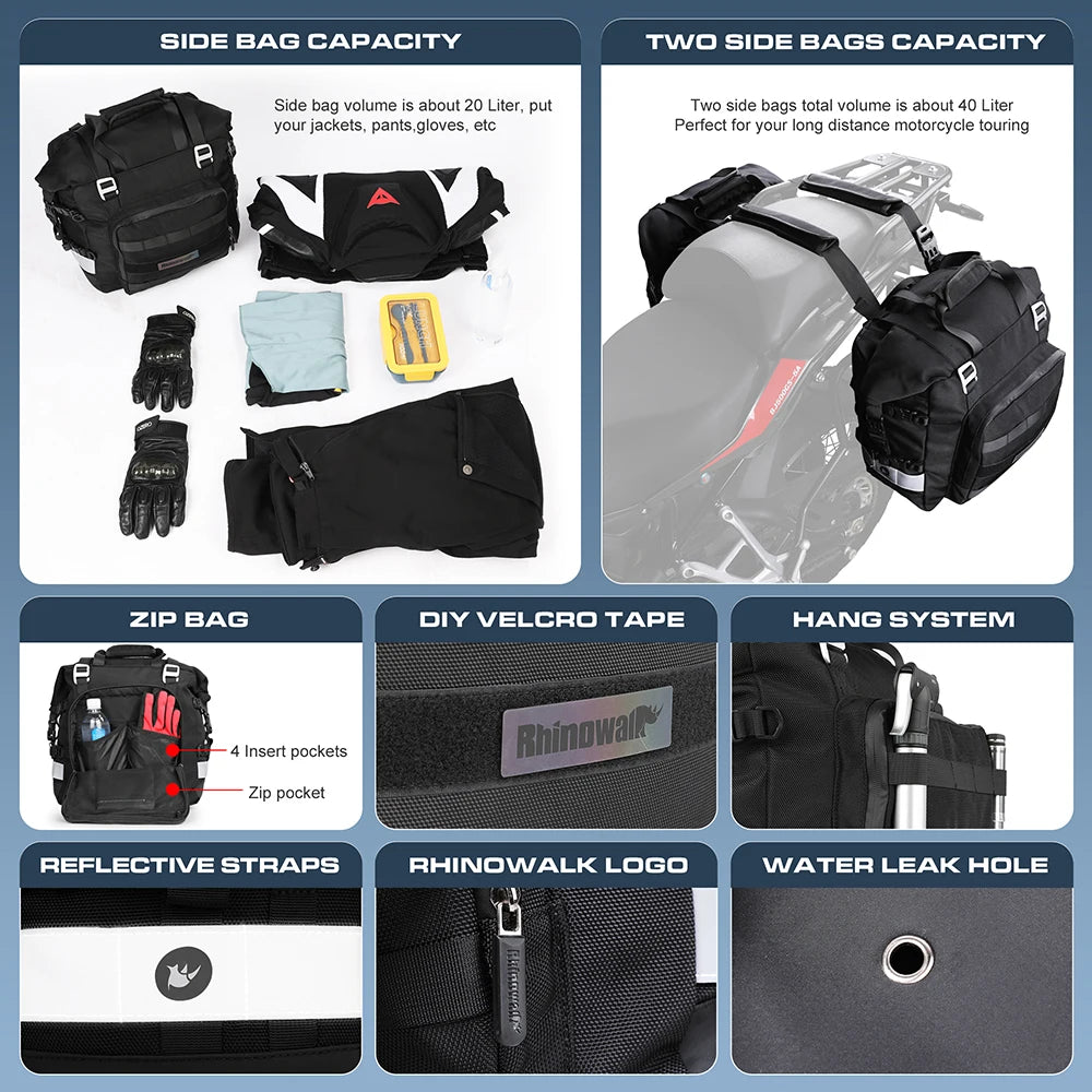 Bolsa Lateral para Moto Rhinowalk – 20L-30L, Universal, Impermeável e com Bolsa Interna Removível
