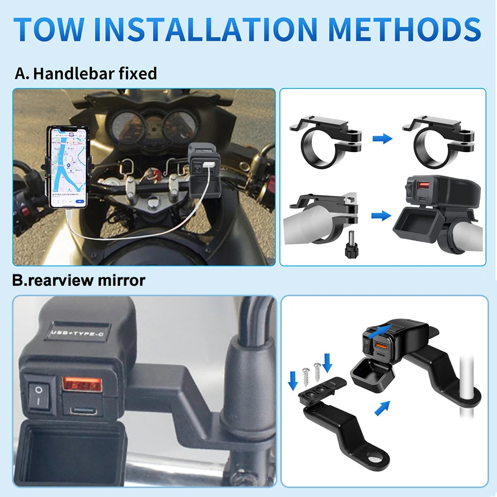 Carregador USB Duplo para Moto 6.8A PD+QC3.0 – 60W com Voltímetro e Interruptor à Prova D'Água