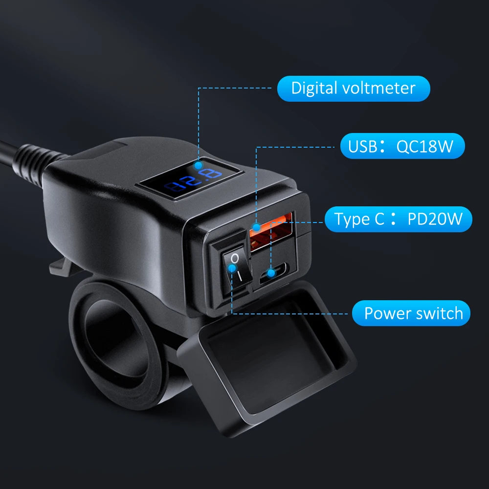 Carregador de Moto Anchtek com Adaptador USB 12V – À Prova d’Água e de Alta Velocidade