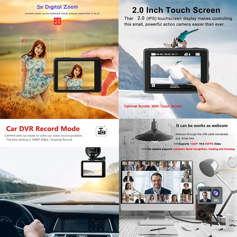 Câmera de Ação 5K 60FPS com Zoom 5X, Touchscreen Dual e Microfone Sem Fio