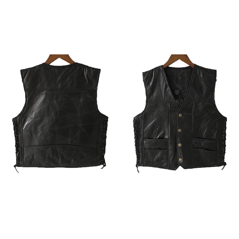 Colete Biker Punk Masculino Sem Mangas com Botões de Renda - Jaqueta de Couro Sintético para Outono
