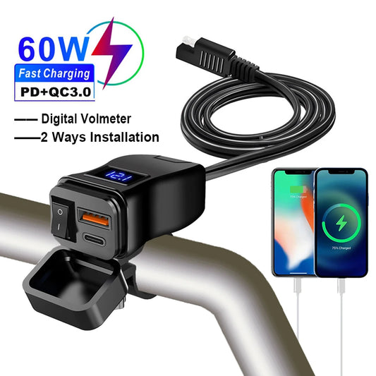 Carregador USB Duplo para Moto 6.8A PD+QC3.0 – 60W com Voltímetro e Interruptor à Prova D'Água