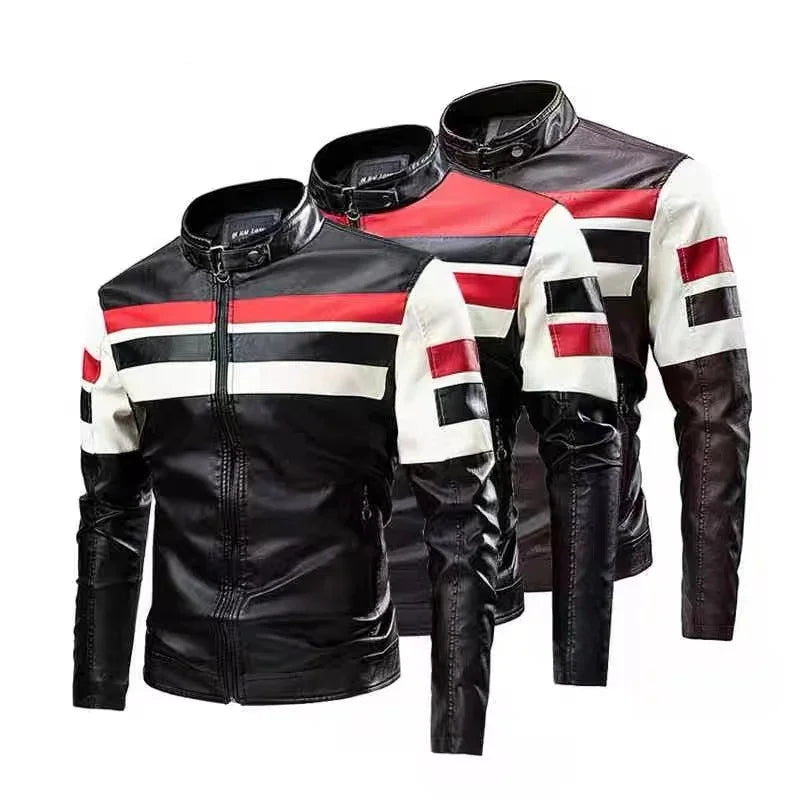 Jaqueta de Couro PU para Moto – Estilo Casual com Gola Alta e Bloqueio de Cores, Masculina