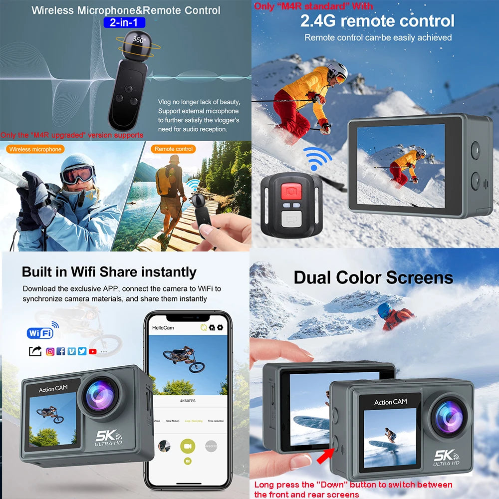 Câmera de Ação 5K 60FPS com Zoom 5X, Touchscreen Dual e Microfone Sem Fio