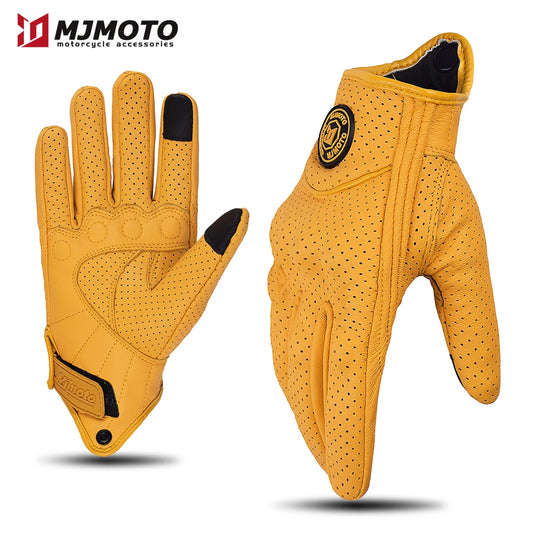 Luvas de Motocicleta Retro em Couro Amarelo - Luvas de Corrida Perfuradas e Respiratórias com Sensibilidade ao Toque para Homens e Mulheres