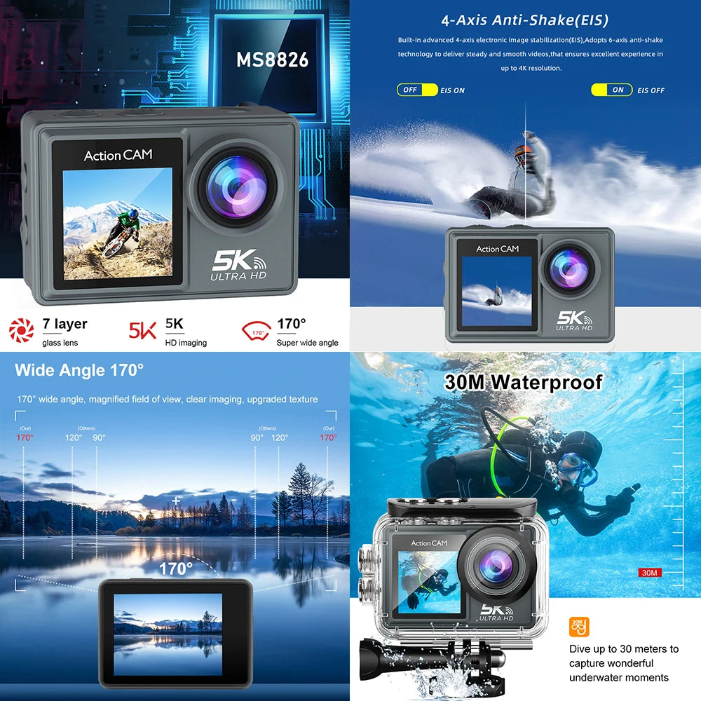 Câmera de Ação 5K 60FPS com Zoom 5X, Touchscreen Dual e Microfone Sem Fio