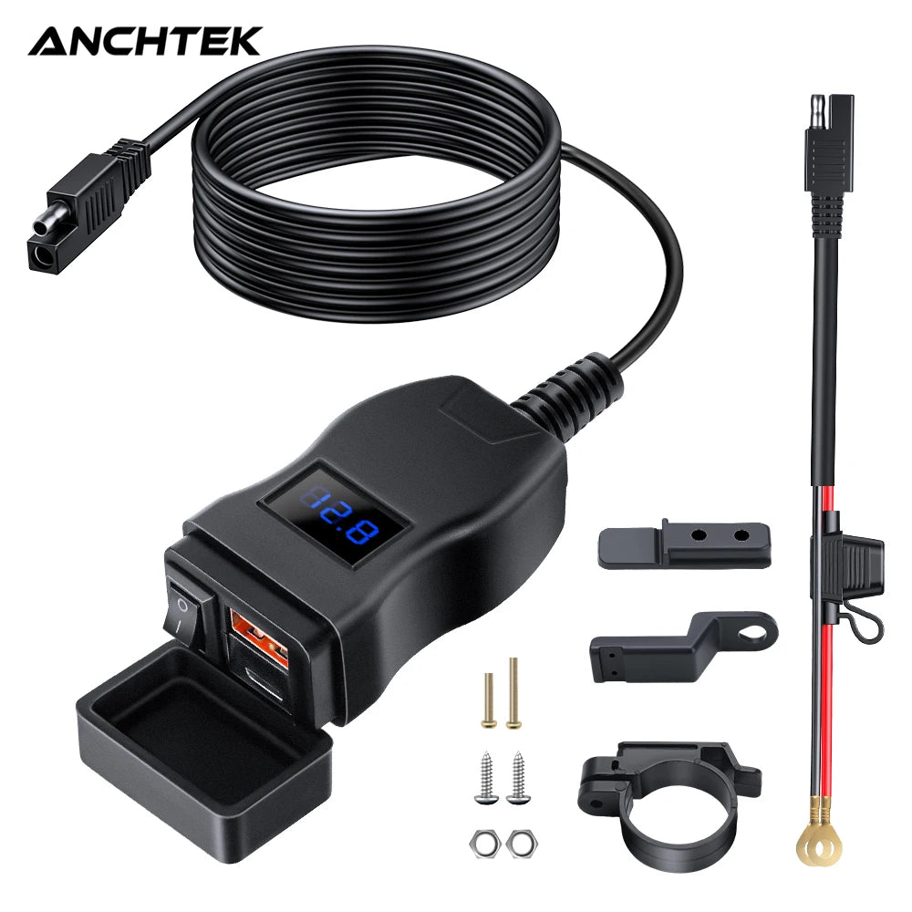 Carregador de Moto Anchtek com Adaptador USB 12V – À Prova d’Água e de Alta Velocidade