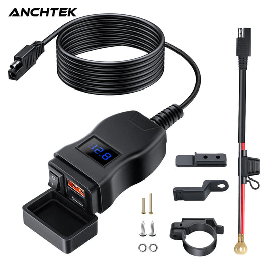 Carregador de Moto Anchtek com Adaptador USB 12V – À Prova d’Água e de Alta Velocidade