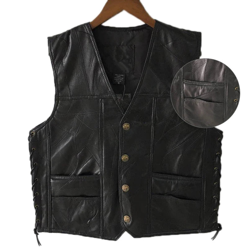 Colete Biker Punk Masculino Sem Mangas com Botões de Renda - Jaqueta de Couro Sintético para Outono