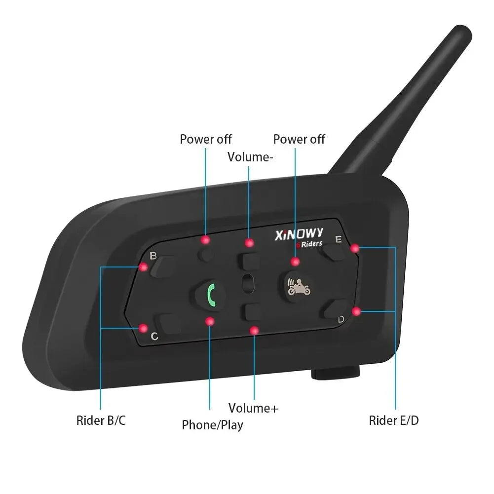 Intercomunicador Bluetooth XiNOWy V6 PRO para Capacete de Motocicleta - À Prova d'Água com Player de Música e Comunicação Full Duplex