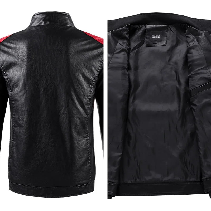 Jaqueta de Couro PU para Moto – Estilo Casual com Gola Alta e Bloqueio de Cores, Masculina