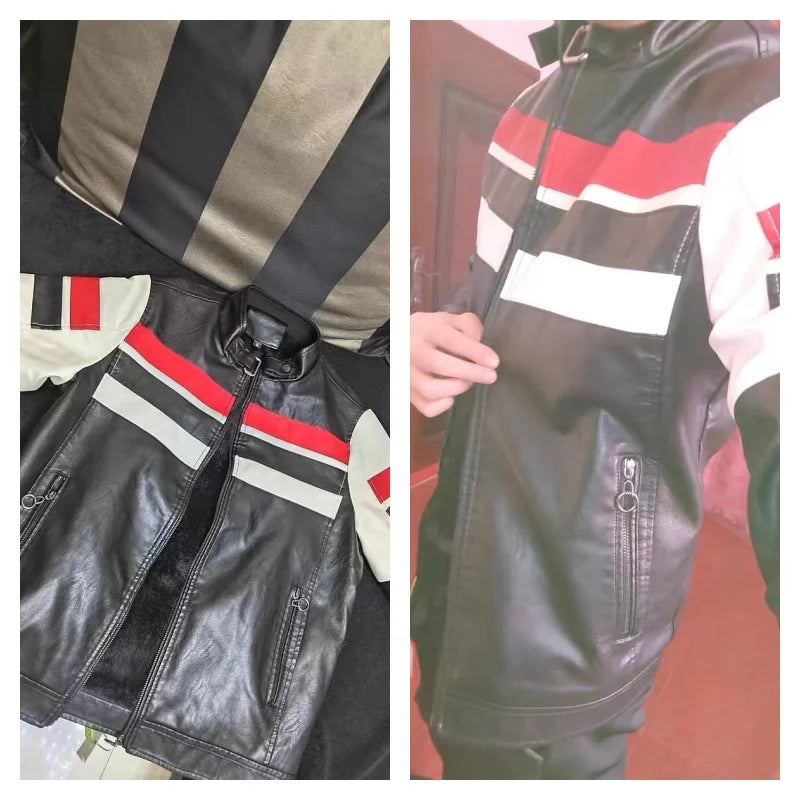 Jaqueta de Couro PU para Moto – Estilo Casual com Gola Alta e Bloqueio de Cores, Masculina