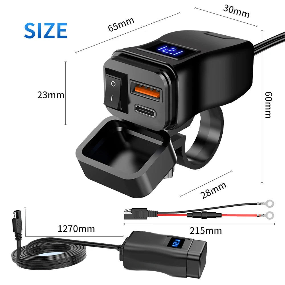 Carregador USB Duplo para Moto 6.8A PD+QC3.0 – 60W com Voltímetro e Interruptor à Prova D'Água