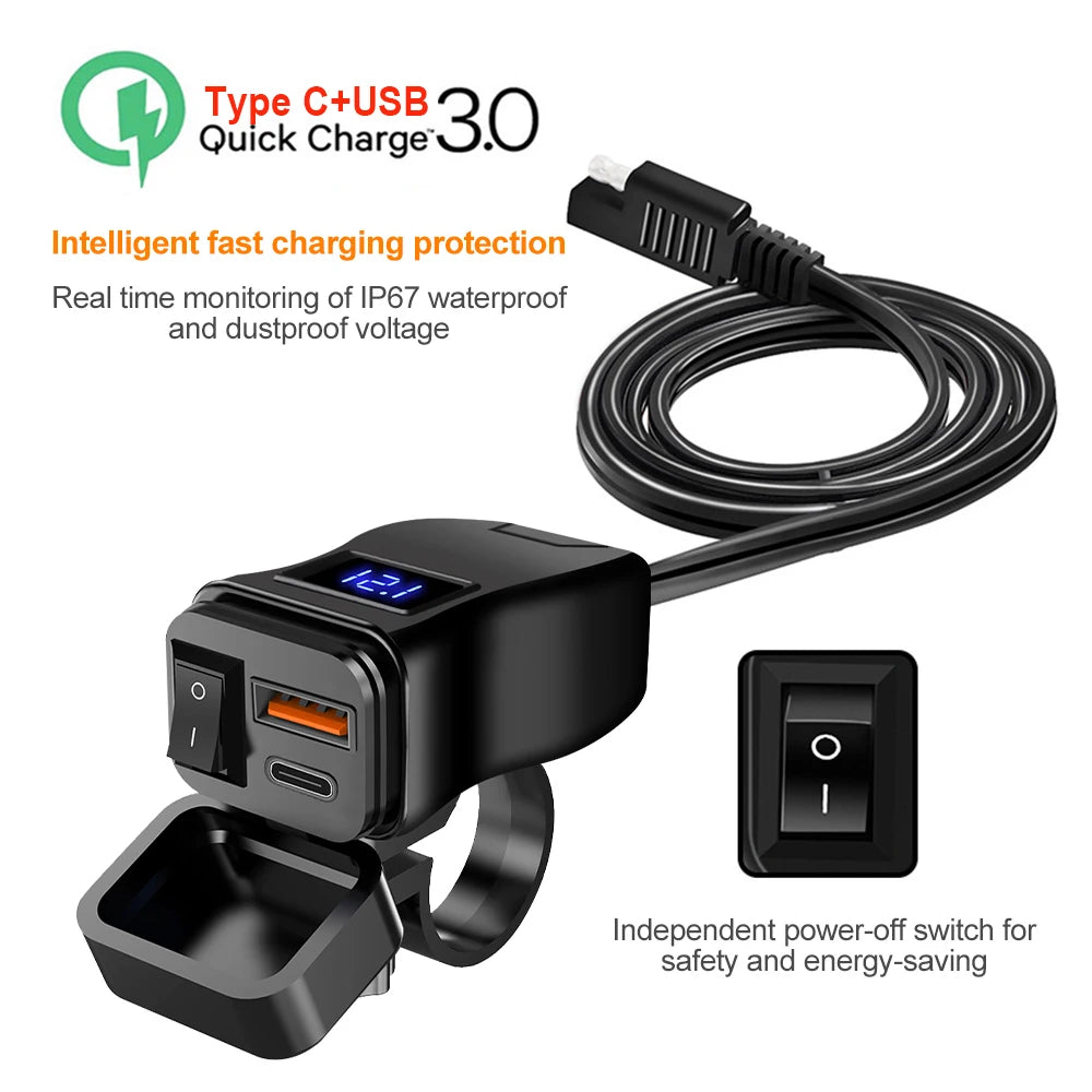 Carregador USB Duplo para Moto 6.8A PD+QC3.0 – 60W com Voltímetro e Interruptor à Prova D'Água