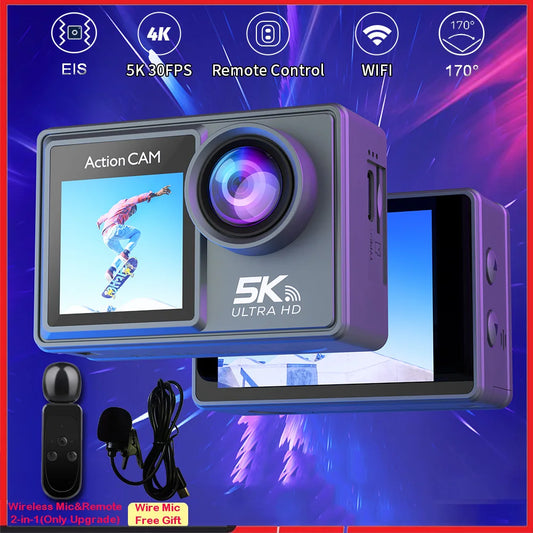 Câmera de Ação 5K 60FPS com Zoom 5X, Touchscreen Dual e Microfone Sem Fio
