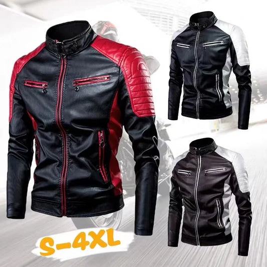 Jaqueta de Couro PU para Moto – Estilo Casual com Gola Alta e Bloqueio de Cores, Masculina