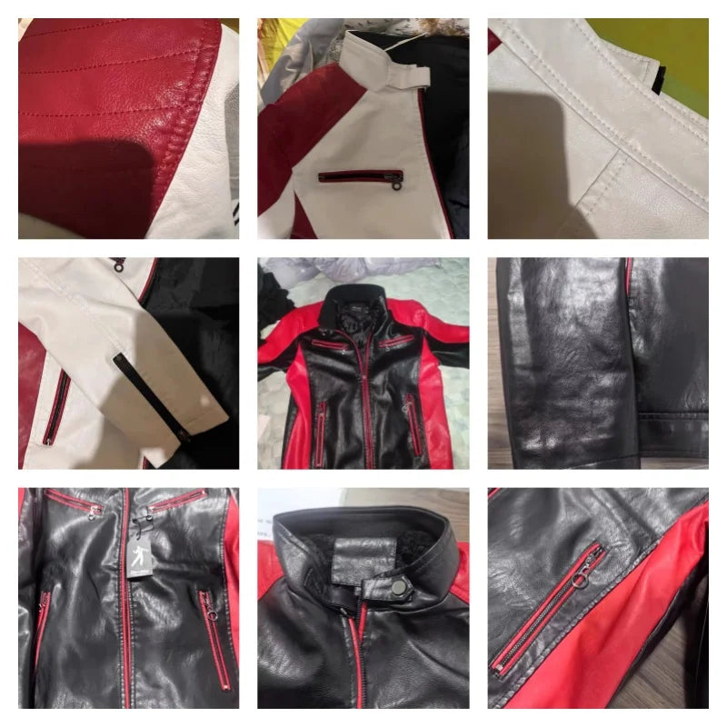 Jaqueta de Couro PU para Moto – Estilo Casual com Gola Alta e Bloqueio de Cores, Masculina